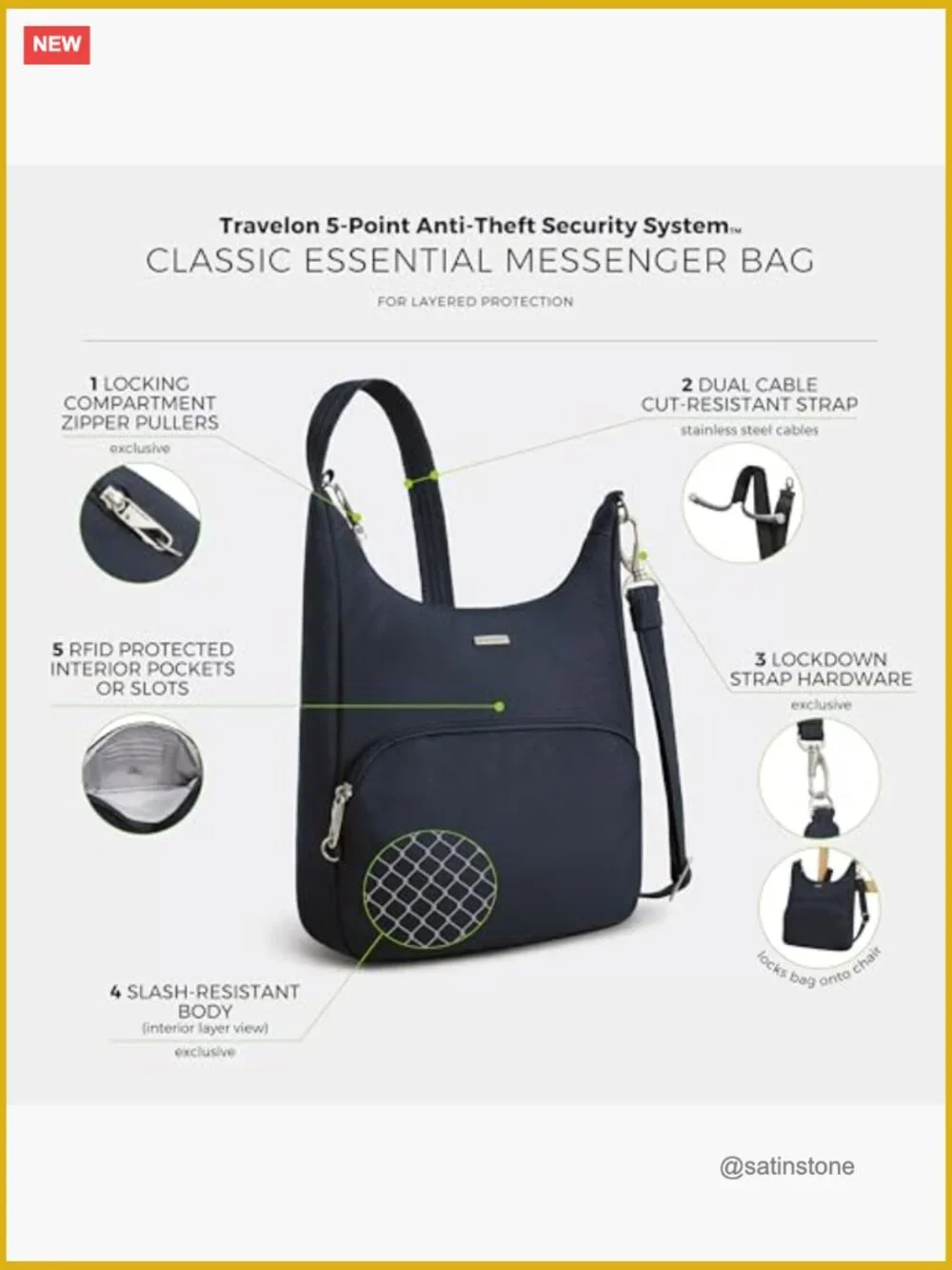 Anti-Theft Messenger Bag with RFID Protection, Locking Zippers